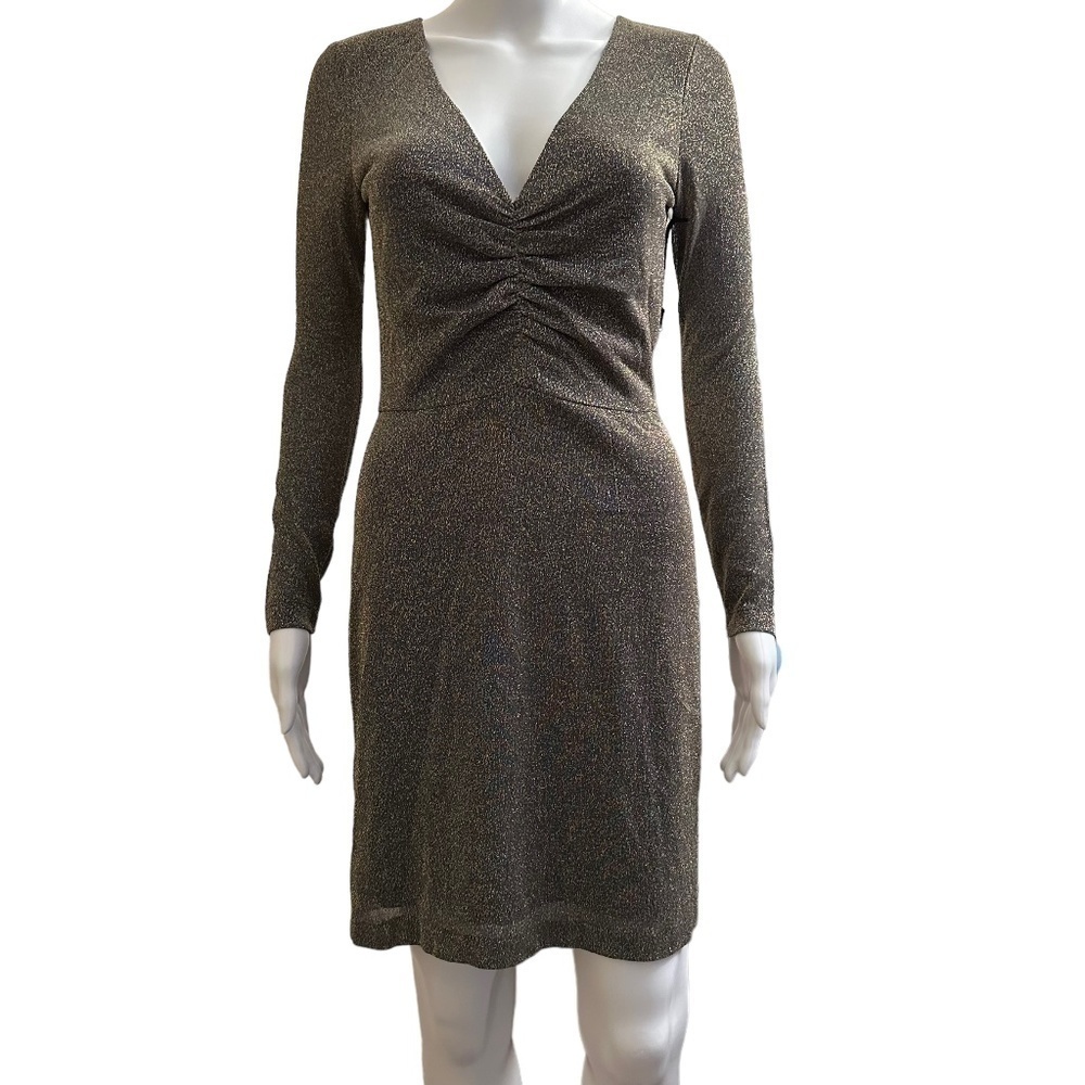L’Agence Womens Size 2 Dries Gold/Blue Metallic V-Neck Mini Ruched Dress Party